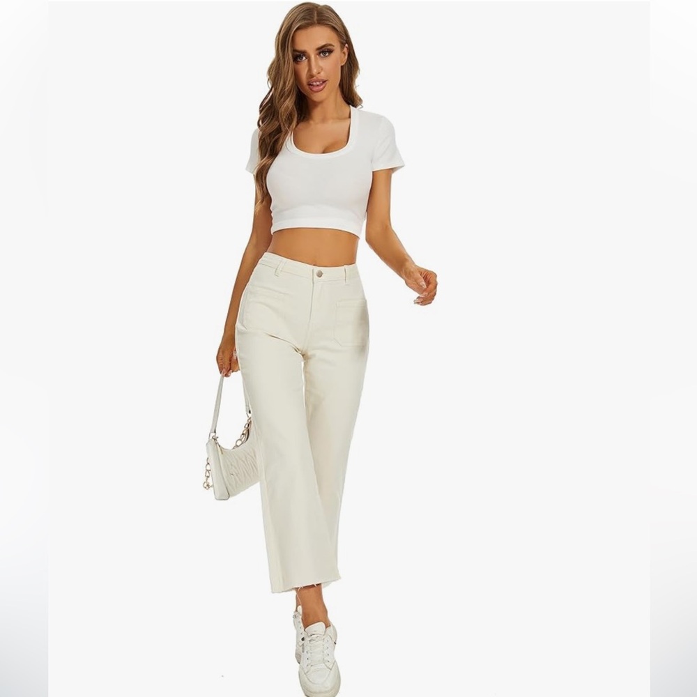 Women Straight Leg Capris Jeans Mid Rise Cropped Pants Stretchy‎ Ankle Length